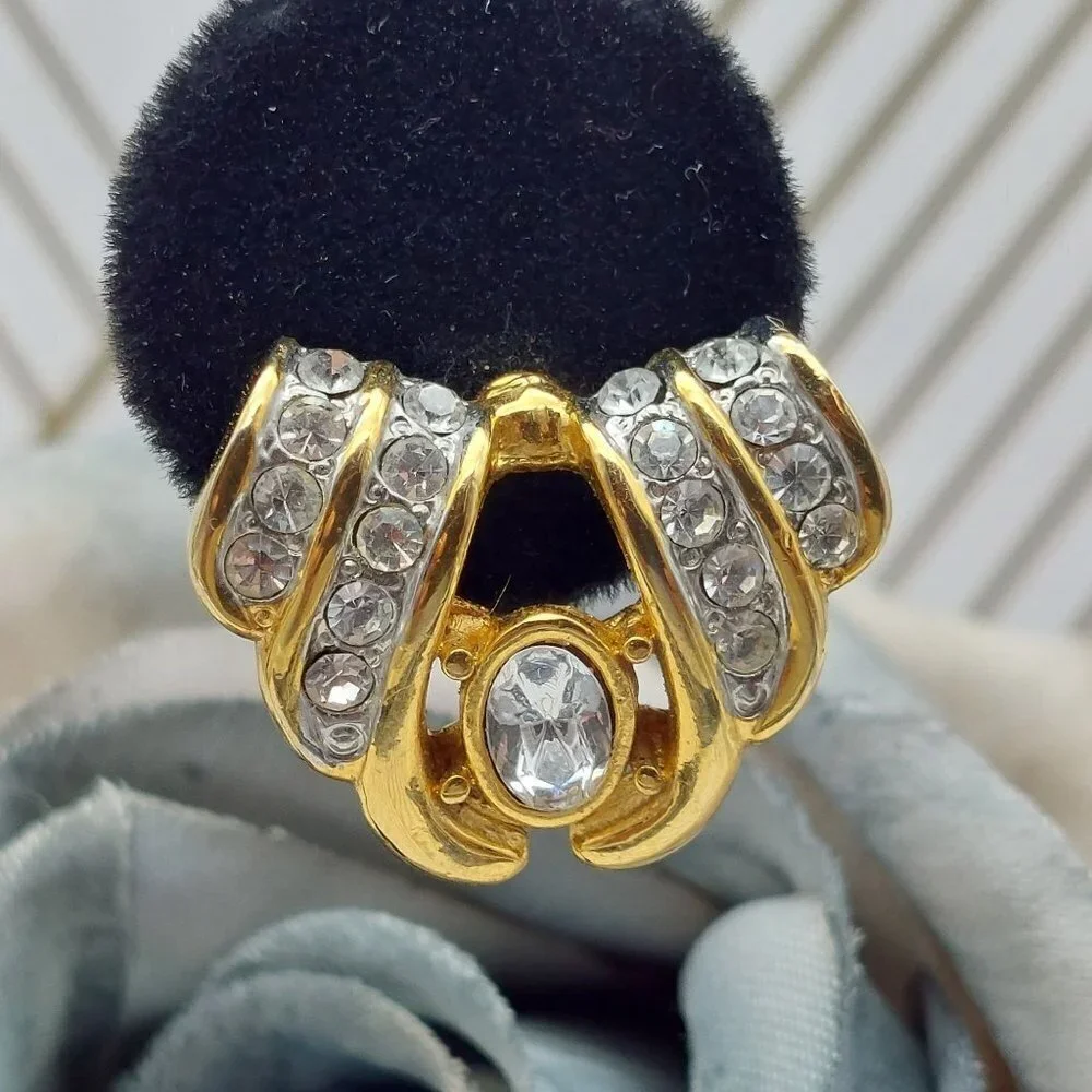 Fancy Gold Tone Pierced Statement Earrings Crystal Accents Pretty 1